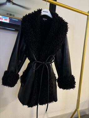 SER.O.YA Black Faux Leather Shearling-Trim Belted Jacket